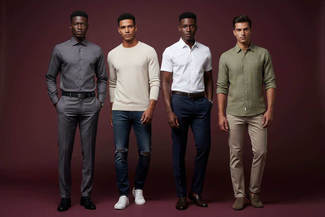 A 2 blacks and 2 brown colored male models modelling a Long-Sleeve Shirt and a Short-Sleeve Shirt together. One in formal for long-sleeve and one for short-sleeve.  and One in casual for long-sleeve and one for short-sleeve. Use burgundy #800020 background color. And make it nice