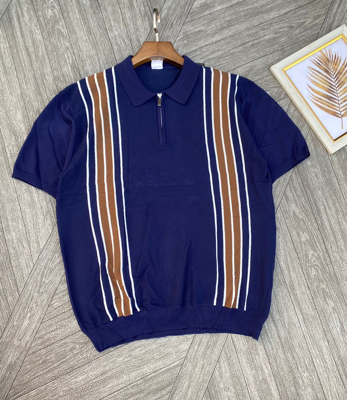 Track-Stripe Mesh Zip Polo Shirt