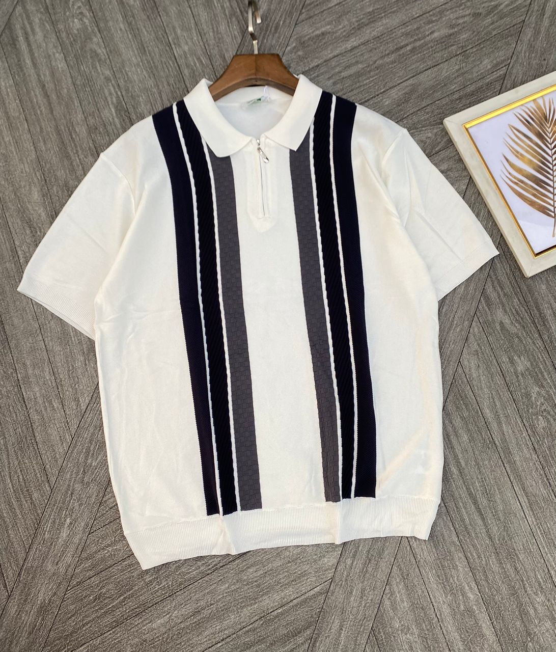 Track-Stripe Mesh Zip Polo Shirt
