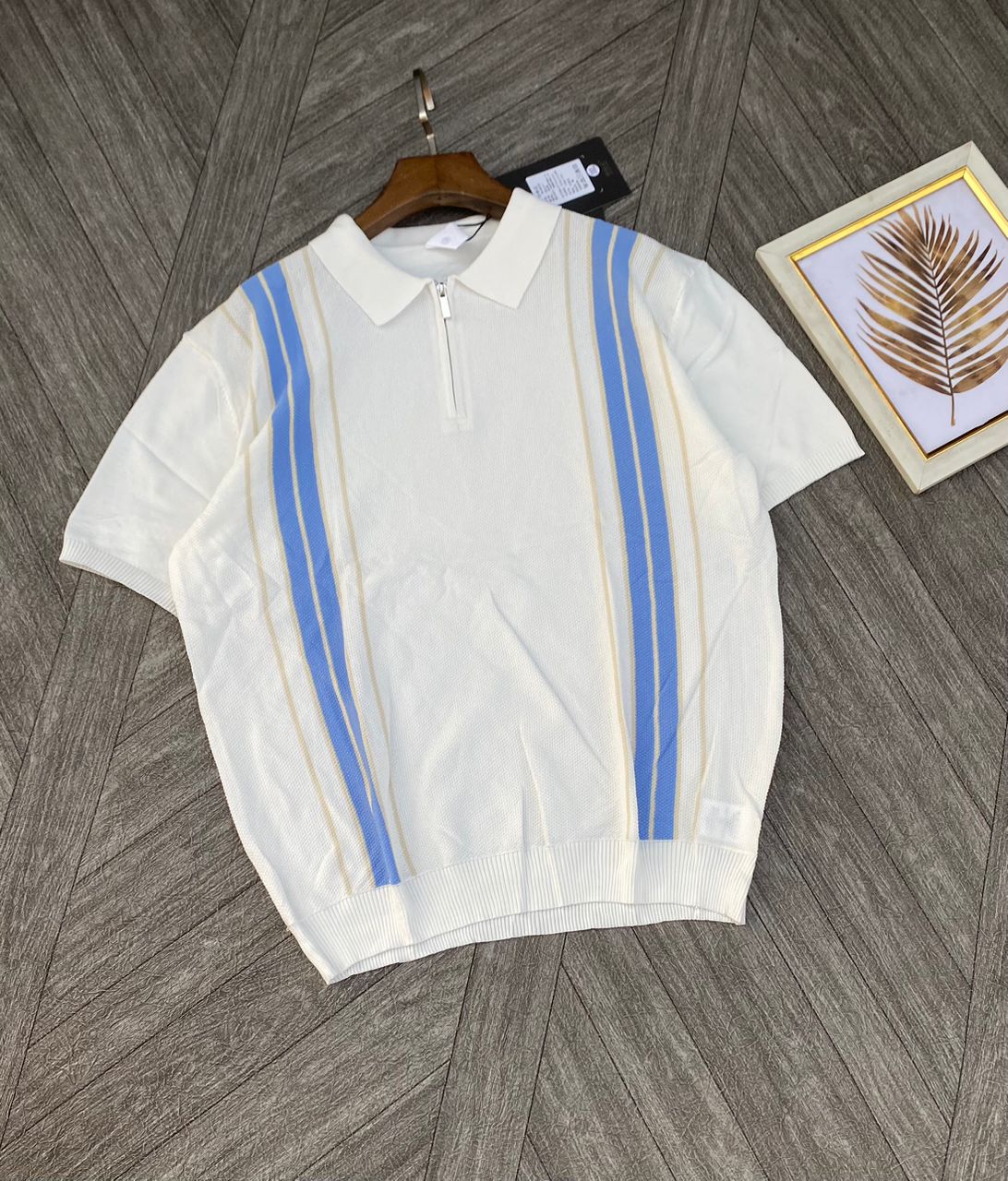 Track-Stripe Mesh Zip Polo Shirt